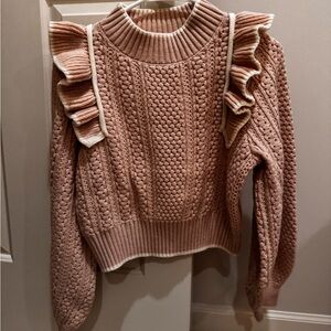 Elegant Ruffled Knit Turtleneck Sweater - Tan